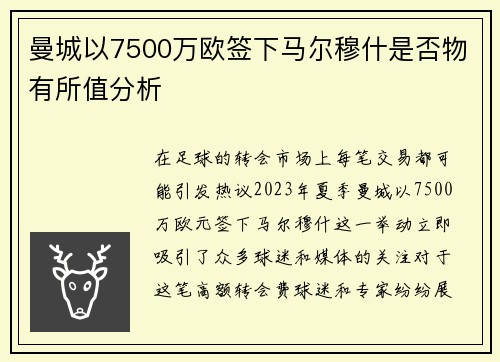 曼城以7500万欧签下马尔穆什是否物有所值分析