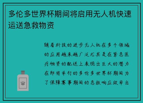 多伦多世界杯期间将启用无人机快速运送急救物资